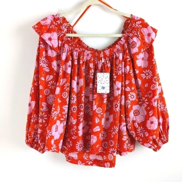 𝅺FREE People Miss Daisy Off the Shoulder Floral Cotton Top S nwt - Picture 6 of 13